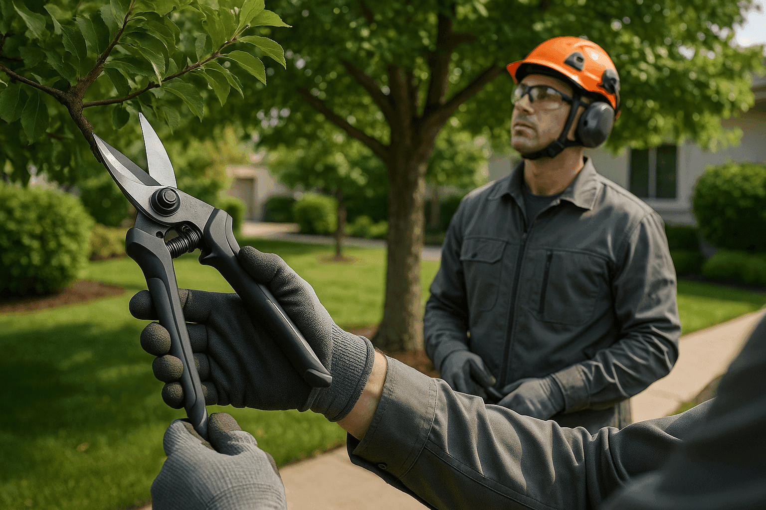 Professional tree care worker in safety gear pruning a healthy tree on a tidy property in Washington