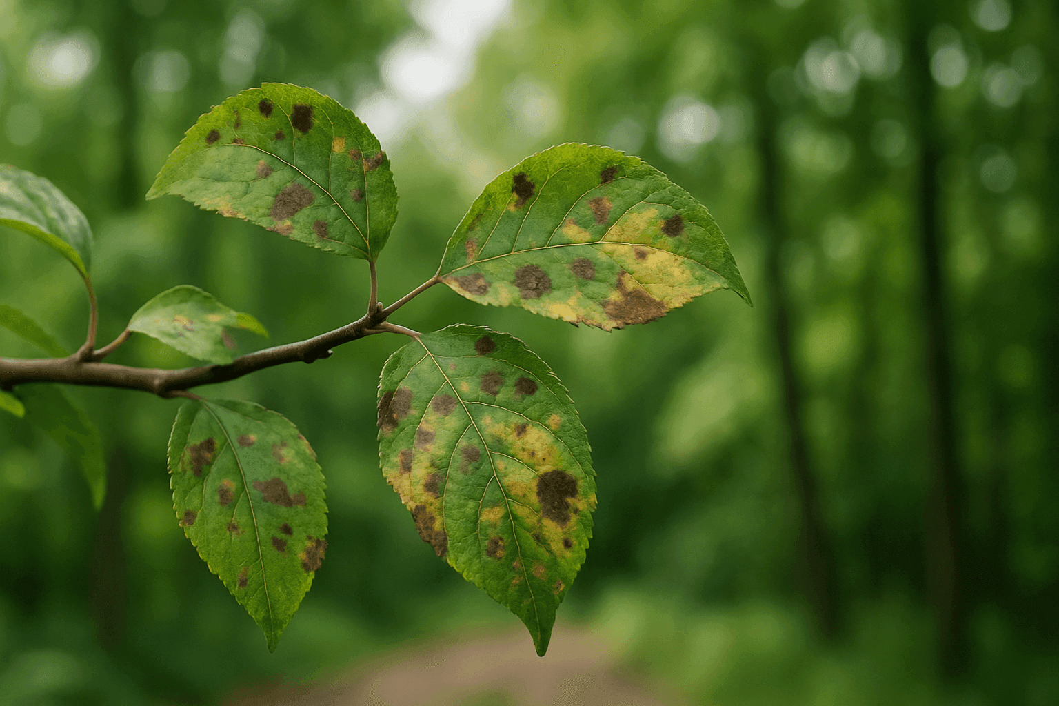 Close-up of tree leaves and bark showing early signs of disease, with healthy trees in background