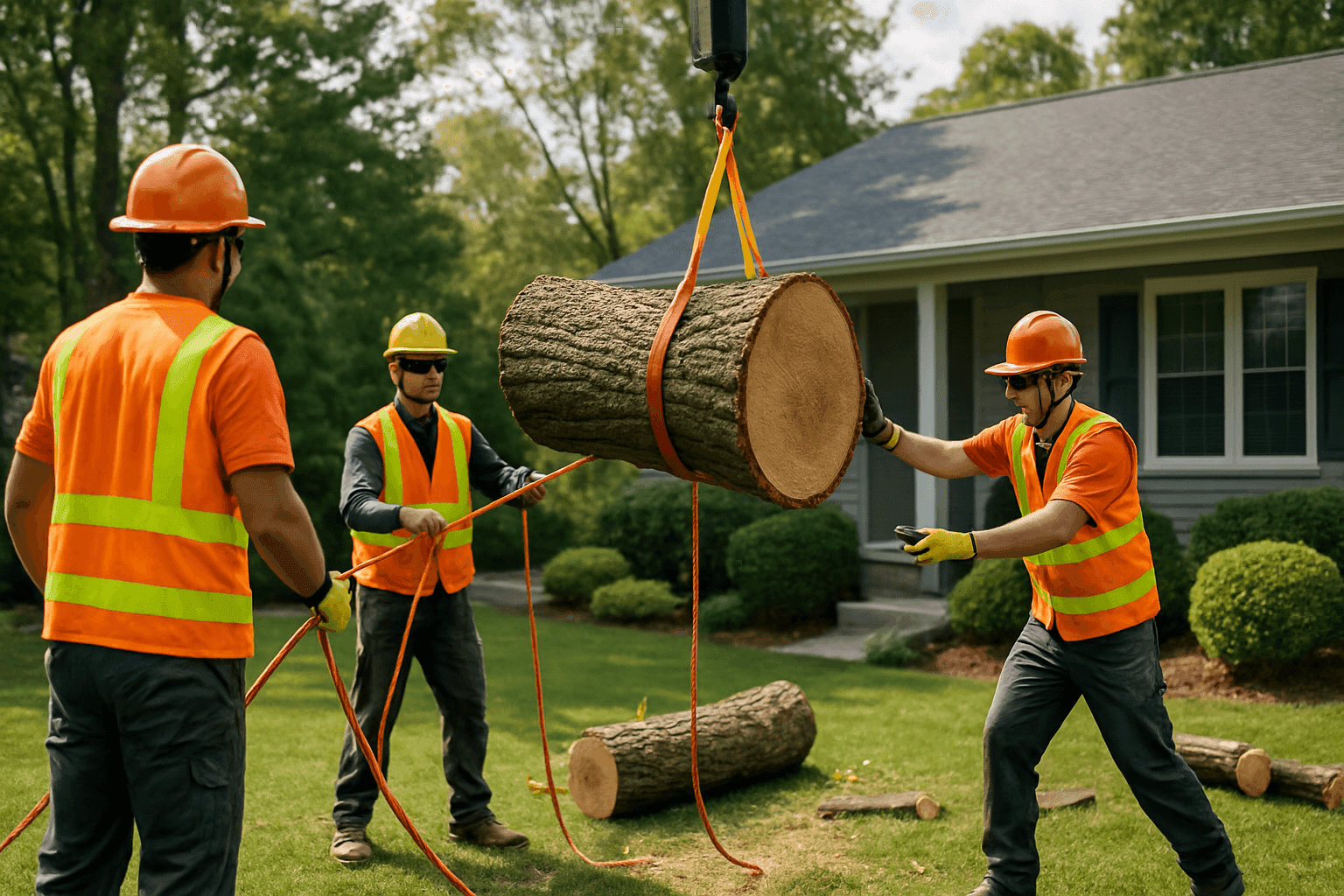 Professional crew safely removing a large tree using specialized equipment